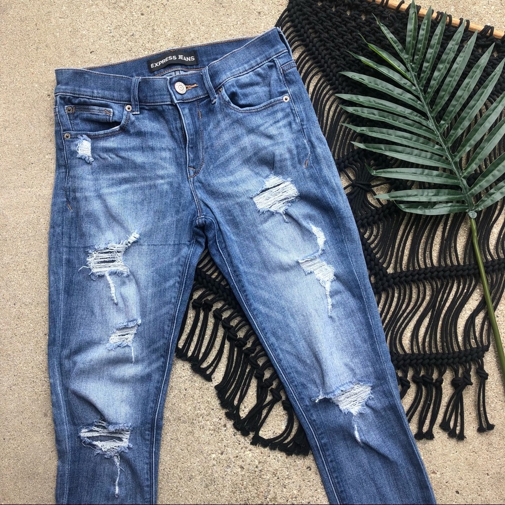 Express Distressed Skinny Jeans Size 4 - Legging Mid Rise - Picture 2 of 9